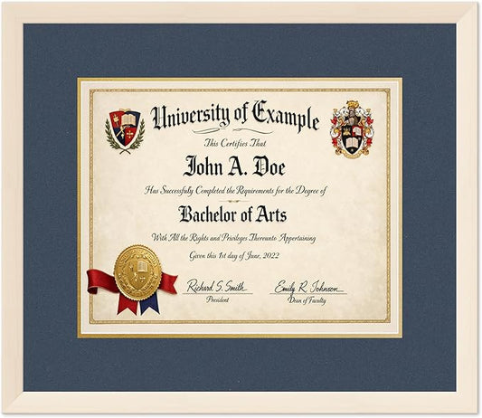 CountryArtHouse Diploma Frame Fits 15 x 12 Military/Government - Keepsake Graduation Display Coastal Whitewash Genuine Hardwood with Navy Blue Over Metallic Gold Double mat
