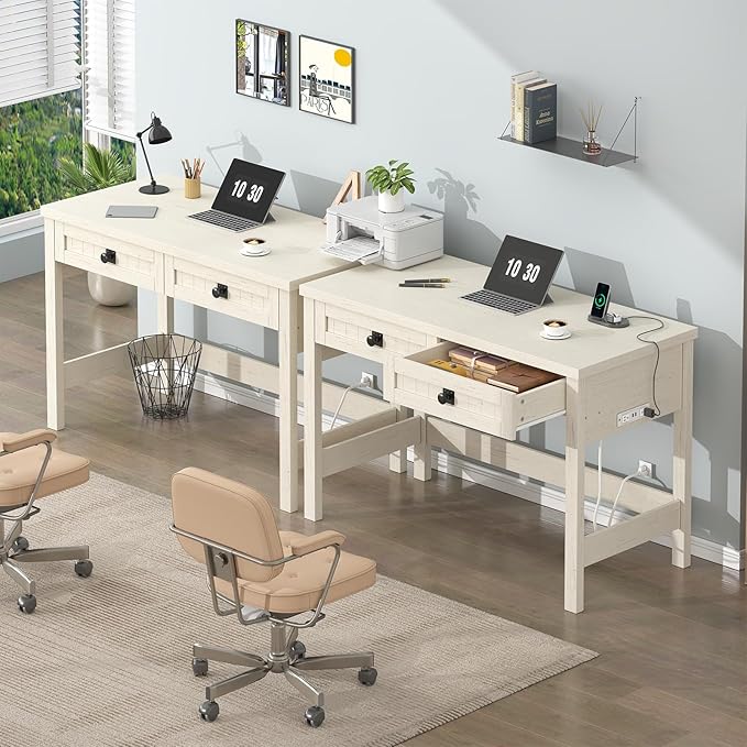 Farmhouse Computer Desk with 2 Drawers, 39 Inch Small Office Computer Desk with Power Outlets, Compact Writing Study Vanity Desk for Small Spaces, White
