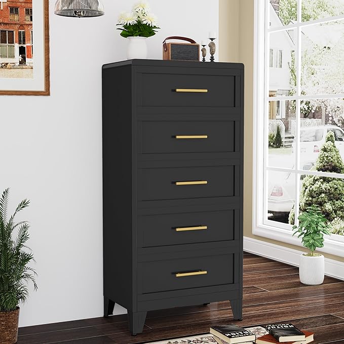 53.46" Tall Dresser for Bedroom 5 Drawers, Metal Dresser Chest of Drawers, Circular Drawer Cabinet for Home,Filing Cabinet with Drawers for Office (Black)