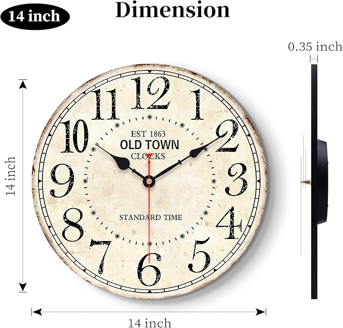 14 Inch Retro Round Wall Clock Old Town Vintage Antique Style Battery Operated French Country Silent Wall Clocks for Farmhouse,Garden,Home Kitchen,Bedroom,Office
