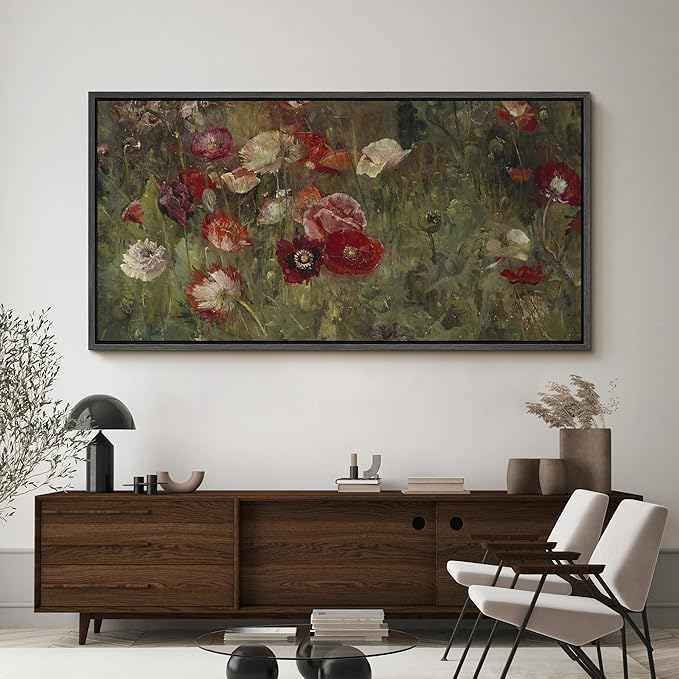 SIGNFORD Extra Large Framed Canvas Vintage Red and White Poppy Field Illustrations Modern Art Calm Warm for Living Room, Bedroom, Office - 60"x30"