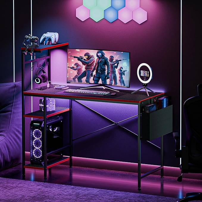 SUPER DEAL 44 Inch PC Gaming Desk with Power Outlet & LED Lights, Height Adjustable Shelf, Durable Steel Frame, Small Desk for Teen Boys & Kids Gaming in Bedroom