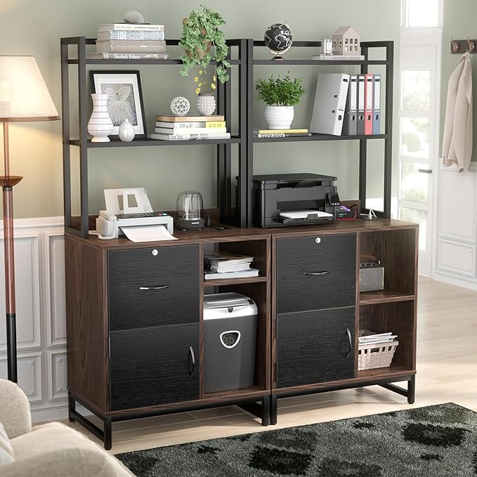 Homieasy Vertical Filing Cabinet with Lock & Charging Station, Large Drawer Wood File Cabinet with Bookshelf, Printer Stand with Open Storage Shelf, fits Letter Size for Home Office, Black and Brown