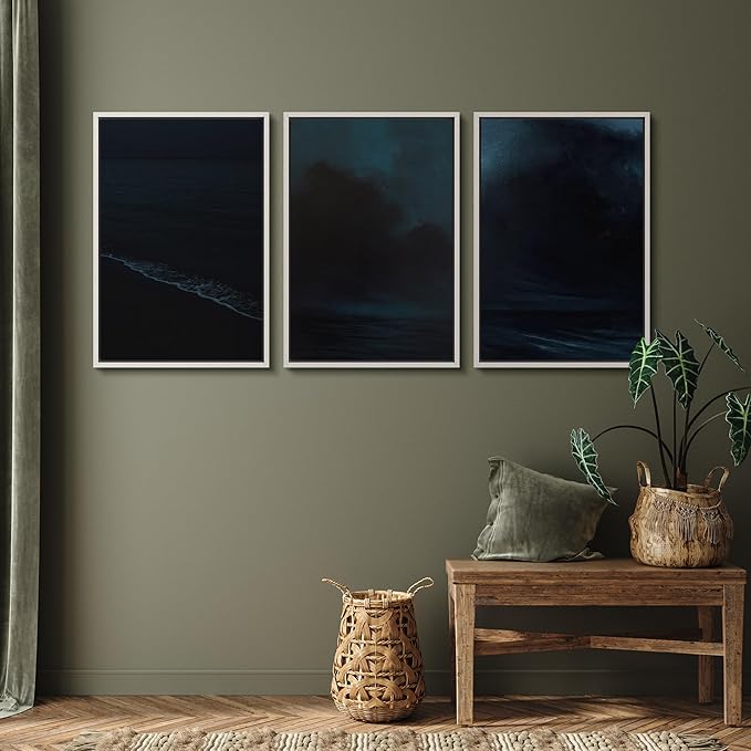SIGNFORD Framed Wall Art Print Set Midnight Ocean Waves Dramatic Dark Seascape Digital Art Modern Art Contemporary for Living Room, Bedroom, Office - 24"x36"x3 White