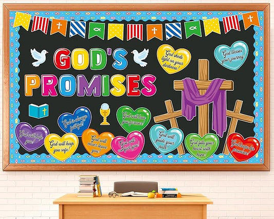 gisgfim Christian Bulletin Board Decorations Set Religious God’s Promises Paper Cutouts Colorful Heart Bible Bulletin Board Decor for Classroom Christmas Sunday School Chalkboard Wall