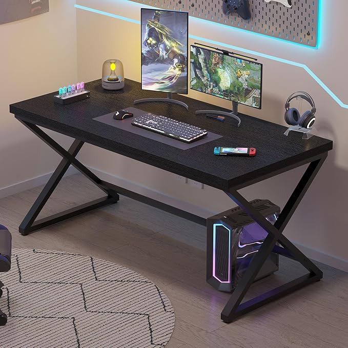 IBF Black Desk, Modern Computer Desk for Home Office, Industrial Simple Pc Gaming Writing Study Desk in Bedroom, Wood Metal Laptop Workstation Executive Work Computer Table, Black Oak, 55 Inch