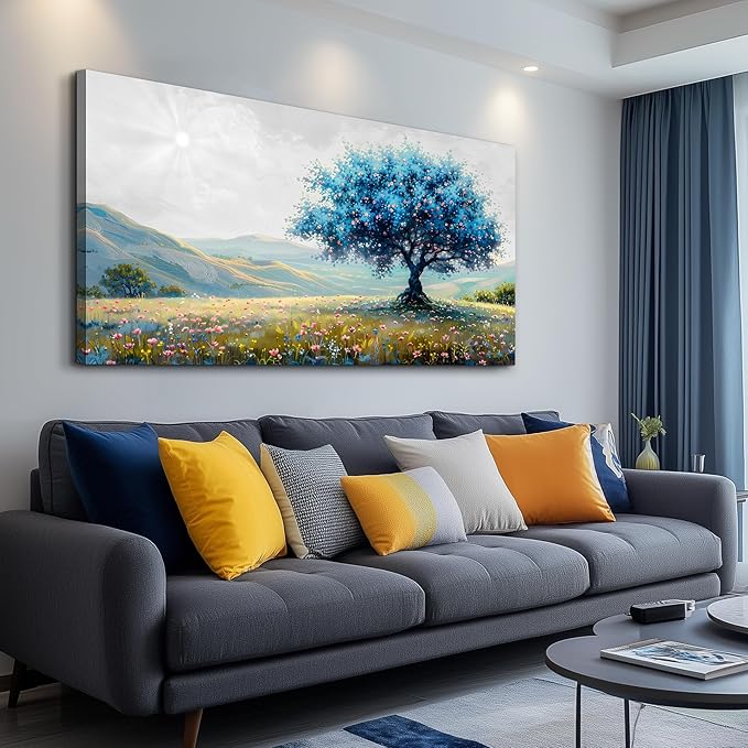 FUHAIHUA Canvas Wall Art For Living Room Large Wall Decor For Office Bedroom Decorations Pastoral Landscape Pictures Blue Tree Painting Artwork Modern Room Wall Mural Aesthetic Home Decor 30x60 In