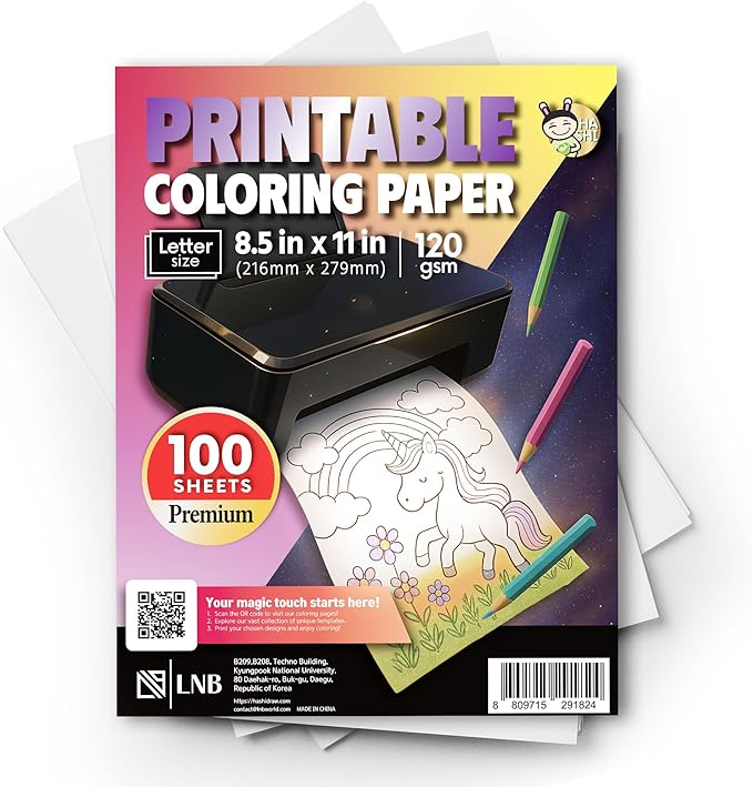HASHI Printable Coloring and Drawing Paper - 120 GSM (32lb) Heavyweight, 100 Sheets Letter Size 8.5 x 11, No-Bleed Artist Paper for Markers, Watercolor, and AI Coloring, Inkjet and Laser Compatible