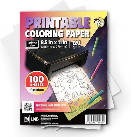 HASHI Printable Coloring and Drawing Paper - 120 GSM (32lb) Heavyweight, 100 Sheets Letter Size 8.5 x 11, No-Bleed Artist Paper for Markers, Watercolor, and AI Coloring, Inkjet and Laser Compatible