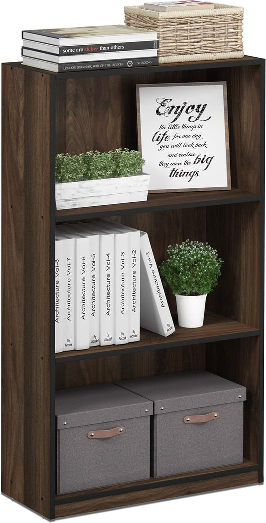 Furinno BASIC Book Shelf, 3-Tier Modern Bookshelf, Bookcase with Open Shelves, 9.3 x 21.8 x 39.5, for Living Room, Bedroom, Home Office, Columbia Walnut/Black