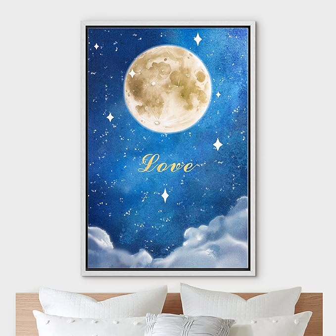 IDEA4WALL Framed Canvas Print Wall Art Love Watercolor Galaxy with Yellow Moon Astronomy & Space Sky Illustrations Modern Art Glam Colorful Ultra for Living Room, Bedroom, Office - 24"x36" WHITE