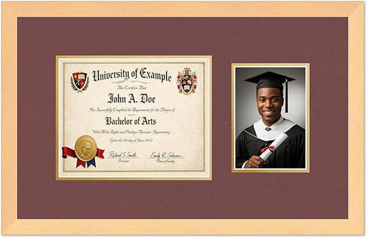 CountryArtHouse Fits 10 x 8 Professional License and 5 x 7 Photo Diploma and Photo Frame Natural Wood Genuine Hardwood with Dark Red Over Metallic Gold Double mat