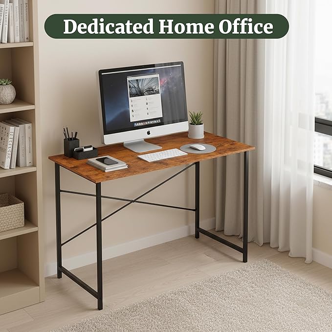 Computer Desk 44 Inch, Home Office Desk Simple Study Writing Table, Sturdy Metal Frame, Scratch-Resistant MDF Desktop for Bedroom Dorm Workspace Small Space, Brown