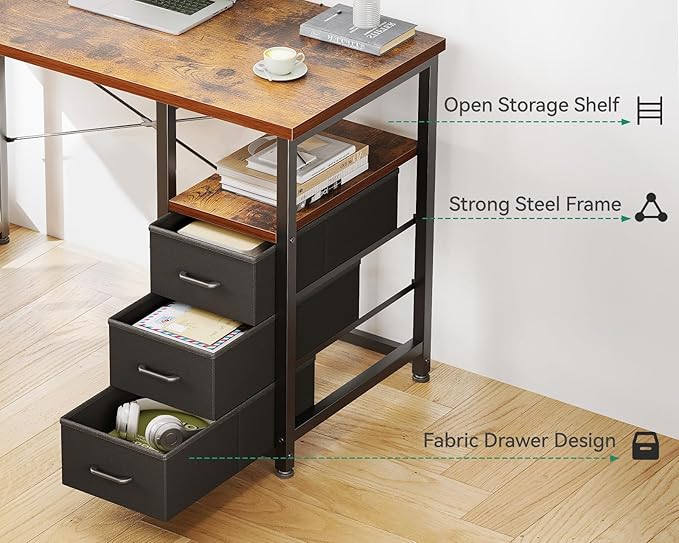 AODK 40" Small Computer Desk with Fabric Drawer, Kids Girls Teen Study Writing Desk for Bedroom, Home Office Desk with Storage Shelf & Bag for Small Space, Vintage
