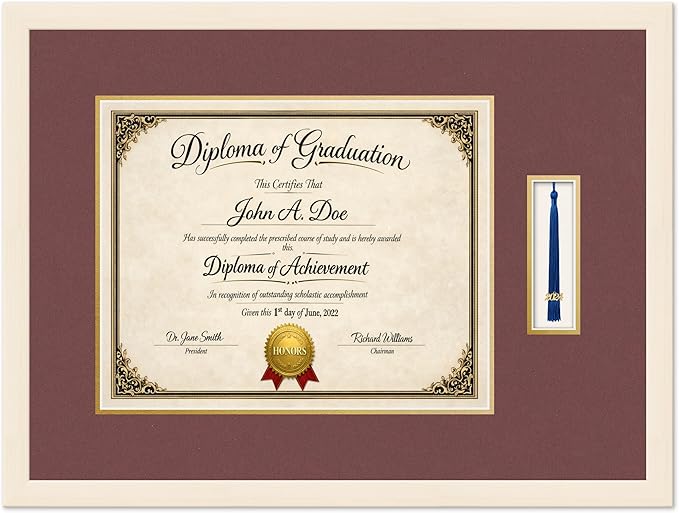 Diploma Frame with Tassel Holder Coastal Whitewash Shadowbox Dark Red Over Gold Mat - Fits 15 x 12 Degree Made in the USA