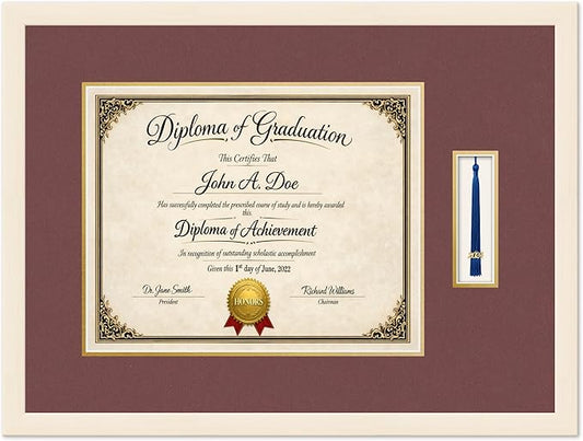Diploma Frame with Tassel Holder Coastal Whitewash Shadowbox Dark Red Over Gold Mat - Fits 15 x 12 Degree Made in the USA