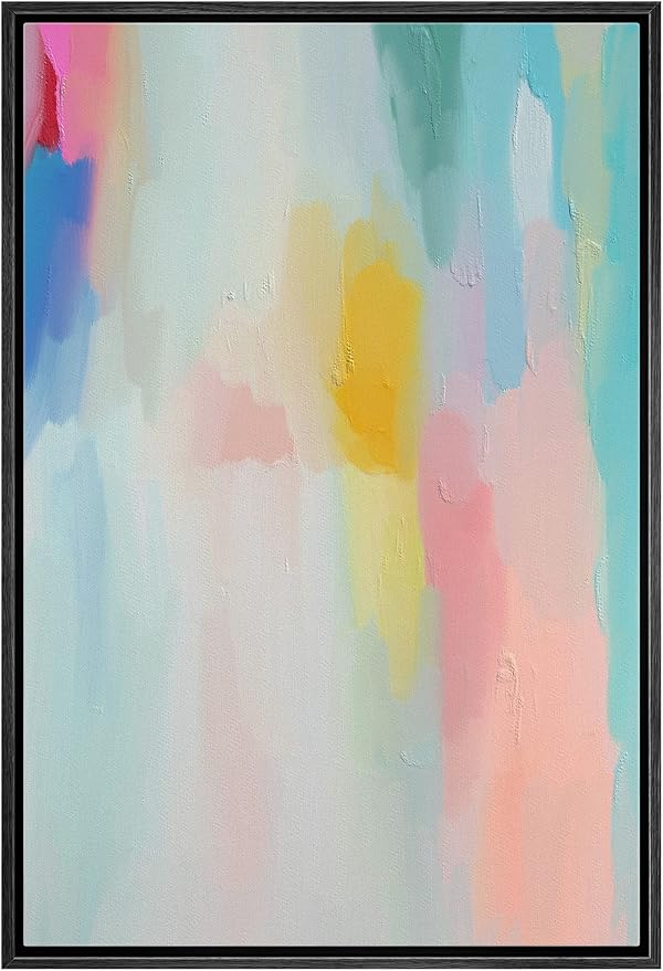 MUDECOR Framed Canvas Print Wall Art Multicolor Pastel Watercolor Collage Abstract Shape Illustrations Modern Art Decorative Bohemian Colorful Chic for Living Room, Bedroom, Office - 24"x36" Black