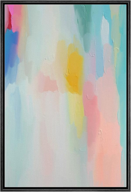 MUDECOR Framed Canvas Print Wall Art Multicolor Pastel Watercolor Collage Abstract Shape Illustrations Modern Art Decorative Bohemian Colorful Chic for Living Room, Bedroom, Office - 16"x24" Black