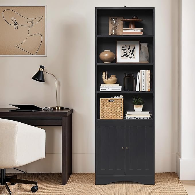 Gizoon Bookcase, Bookshelves and Bookcases, 71” 6-Shelf Bookcase with Doors, Floor Standing Display Storage Shelves, with Adjustable Shelves, for Home, Office, Living Room, Bedroom, Black