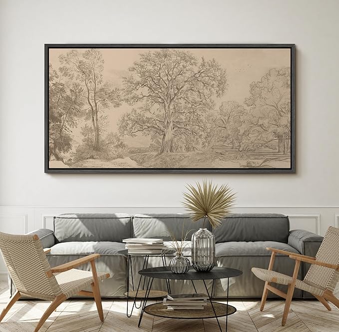 SIGNFORD Extra Large Framed Canvas Vintage Tree Line Pencil Drawing Classic Illustrations Modern Art Calm Warm for Living Room, Bedroom, Office - 60"x30"