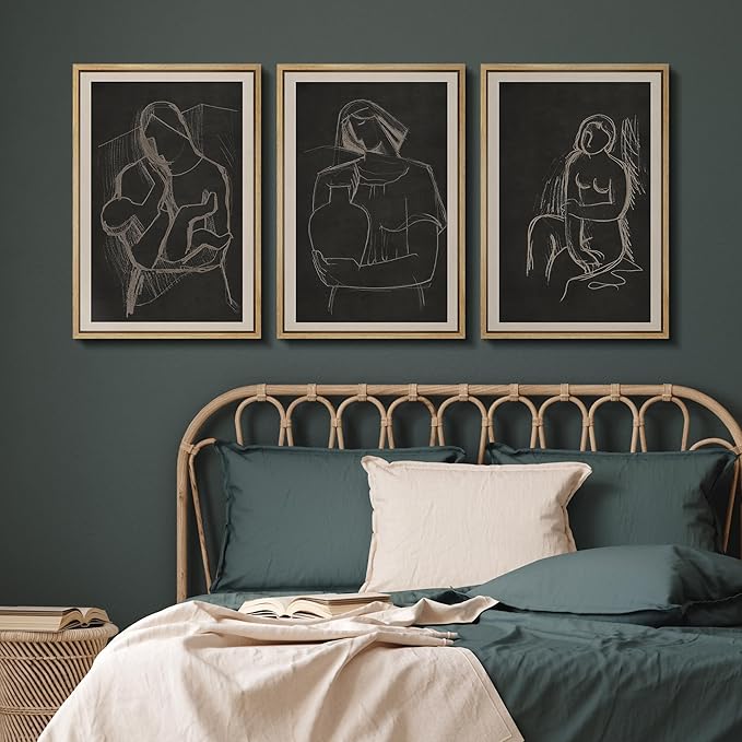 SIGNFORD Framed Wall Art Print Set Black Background Figurative Line Digital Art Modern Art Contemporary for Living Room, Bedroom, Office - 16"x24"x3 NATURAL