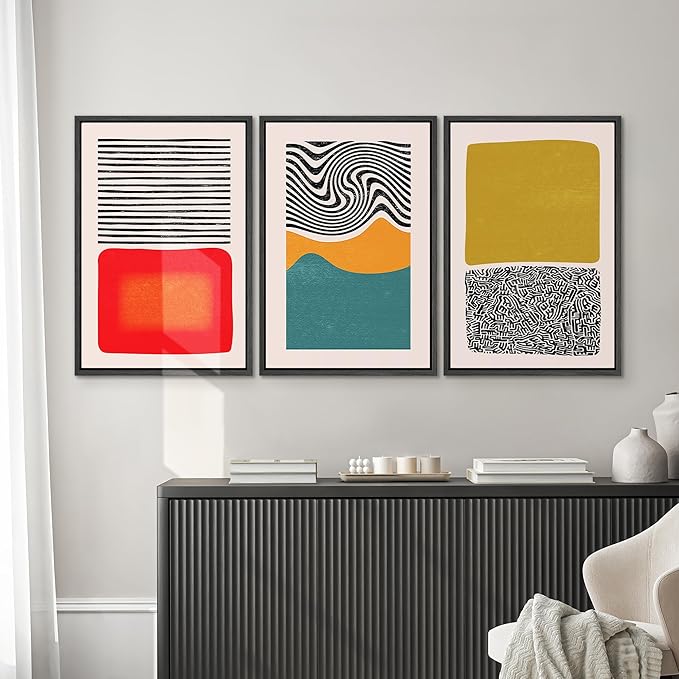 SIGNWIN Framed Canvas Print Wall Art Set Mid-Century Color Blocks & Spirals Abstract Shapes Illustrations Modern Art Contemporary Minimal Ultra for Living Room, Bedroom, Office - 16"x24"x3 Black