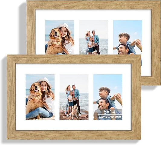 8x14 Picture Frame Set of 2, Natural Oak Wood Frame with Glass Collage Frame, Display Pictures 3-4x6 With Mat or 8 x 14 Without Mat - Horizontal or Vertical Wall Mounting
