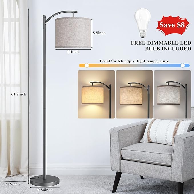 ROTTOGOON Floor Lamp for Living Room with 3 Color Temperatures LED Bulb, Standing Lamp Tall Industrial Floor Lamp Reading for Bedroom, Office (9W LED Bulb, Beige Lampshade Included) -Grey