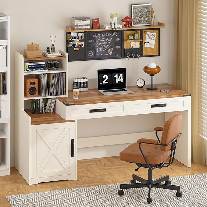 60'' Farmhouse Computer Desk with Drawers, Home Office Desk with Bookcase, Vanity Desk Writing Study Table with Storage, Antique White