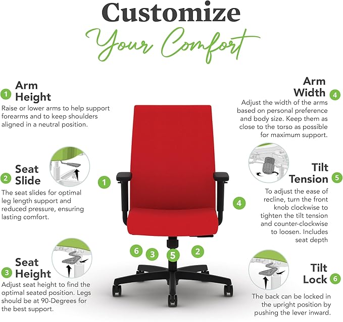 HON Ignition 2.0 Fabric Office Chair, Upholstered, Adjustable Arms, Standard Synchro-Tilt Recline Executive Ergonomic Office Chair, Black Frame, Ruby