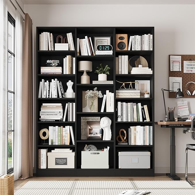 FACBOTALL Triple Wide Bookshelf, 6 Tier Large Bookshelf, Bookcase with 17 Open Display Shelves, 74'' Tall Bookcases and Bookshelves for Living Room, Home Office, Library, Black
