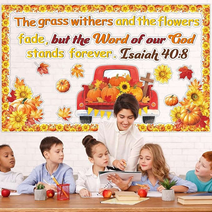 Fall Bulletin Board Decorations Set Religious Pumpkin Classroom Decor Pumpkin Truck Sunflower Maple Leaf Cutout Thanksgiving Autumn Harvest Party School Classroom Chalkboard Wall Church Supplies Favor
