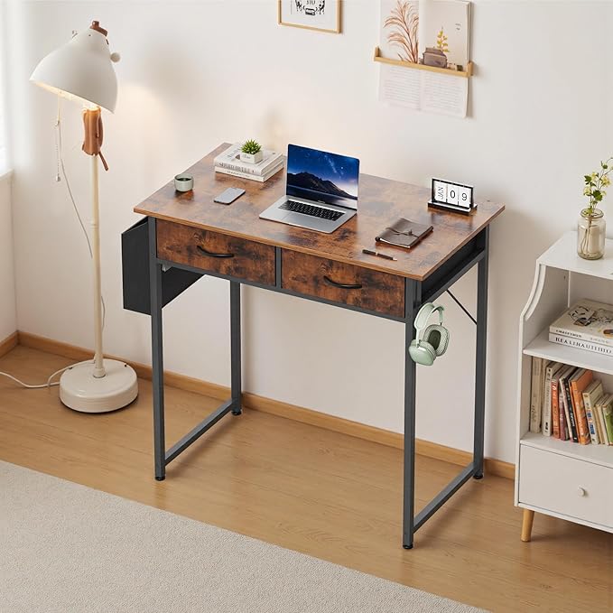 OLIXIS 32Inch Small Desk with Fabric Drawers for Home Office, Gaming Computer Desk with Side Bag, Headphone Hook Writing Study Work Table for Bedroom Small Sapce, Chic Brown