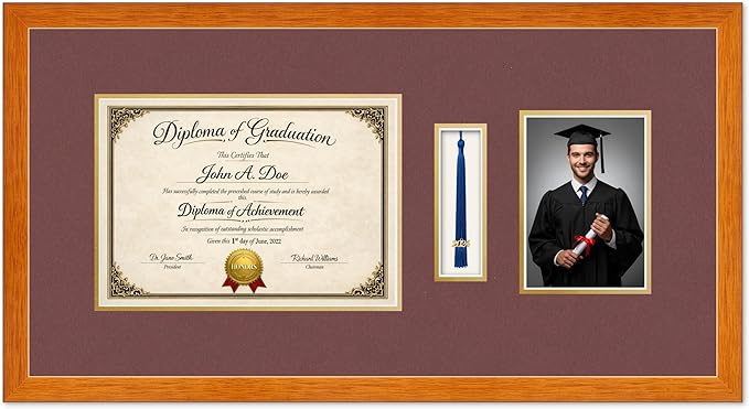 Diploma Tassel and Photo Frame Honey Oak Shadowbox Dark Red Over Gold Mat - Fits 11.69 x 8.27 Degree Picture Made in the USA