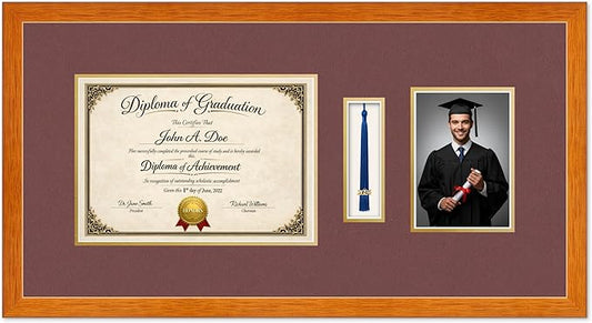 Diploma Tassel and Photo Frame Honey Oak Shadowbox Dark Red Over Gold Mat - Fits 11.69 x 8.27 Degree Picture Made in the USA