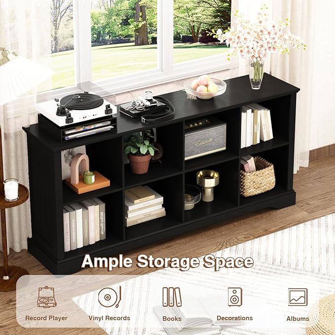 8 Cube Storage Organizer - 62" Long Farmhouse Wood Low Bookshelf, Horizontal Open Shelf Bookcase Cubby Storage Console Cabinet for Living Room, Entryway, Office, Black