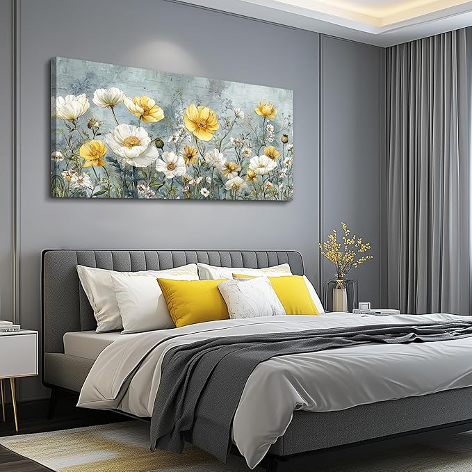 QIYILEXWART Canvas Wall Art For Living Room Wall Decor For Bedroom Office Wall Decoration Yellow White Flowers Landscape Painting Farmhouse Pictures Artwork Room Aesthetic Home Decor 20x40 In