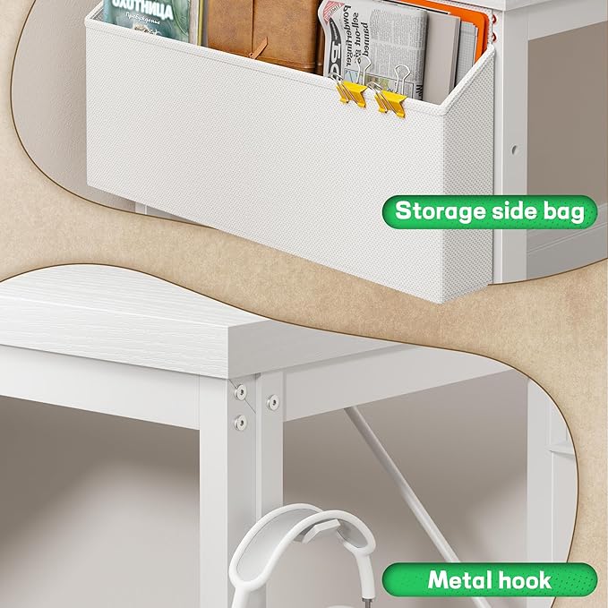 63 Inch L Shaped Desk with 0.95 Inch Thicker Desktop & Storage Bag, Computer Desk with Power Outlets & Lights, Reversible Desk for Home Office, Corner Desk, Study Room, Bedroom, White