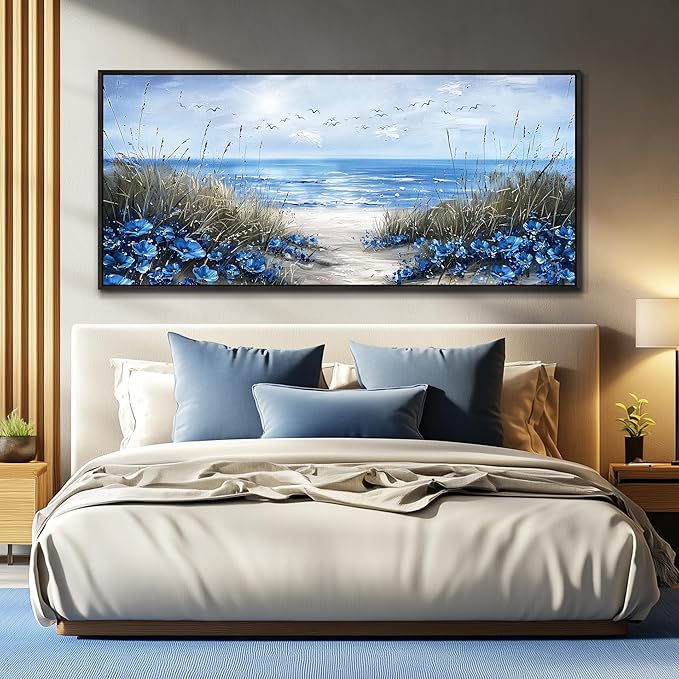 KELIYUAN Blue Ocean Wall Painting Wall Art For Living Room Large Canvas Wall Decor For Bedroom Office Decor Sea Wave Pictures Artwork Modern Beach Posters Aesthetic Home Decor Wooden Frame 32"X72"