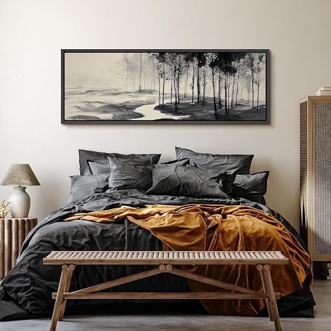 SIGNFORD Large Framed Canvas Print Wall Art Minimalist Ink Forest Landscape Illustrations Modern Art Calm Warm for Living Room, Bedroom, Office - 60"x20"