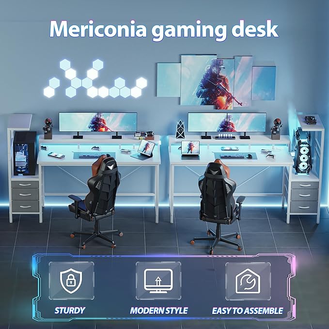 Mericonia Gaming Desk with Power Outlets & LED Lights, Reversible Computer Desk with PC Case Stand, Fabric Drawers, Modern Office Desk with Shelves, Monitor Stand