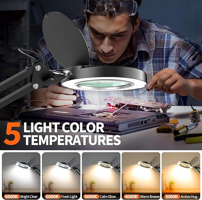 KimFilter 10X Magnifying Glass with Light and Stand | Dust Cover Design, 5 Color Temp Modes Dimmable LED Magnifying Lamp with Swing Arm | Hands Free Desk Magnifying Light for Crafts, Read & Close Work