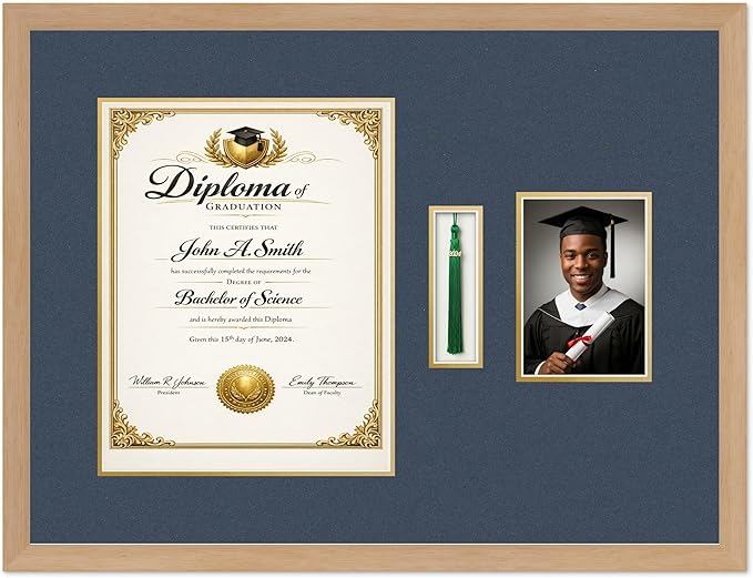 CountryArtHouse Diploma Tassel and Photo Shadowbox Fits 11 x 14 College Diploma (Portrait) with Tassel Natural Wood Genuine Hardwood with Navy Blue Over Metallic Gold Double mat