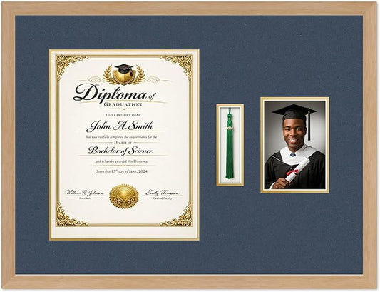 CountryArtHouse Diploma Tassel and Photo Shadowbox Fits 11 x 14 College Diploma (Portrait) with Tassel Natural Wood Genuine Hardwood with Navy Blue Over Metallic Gold Double mat