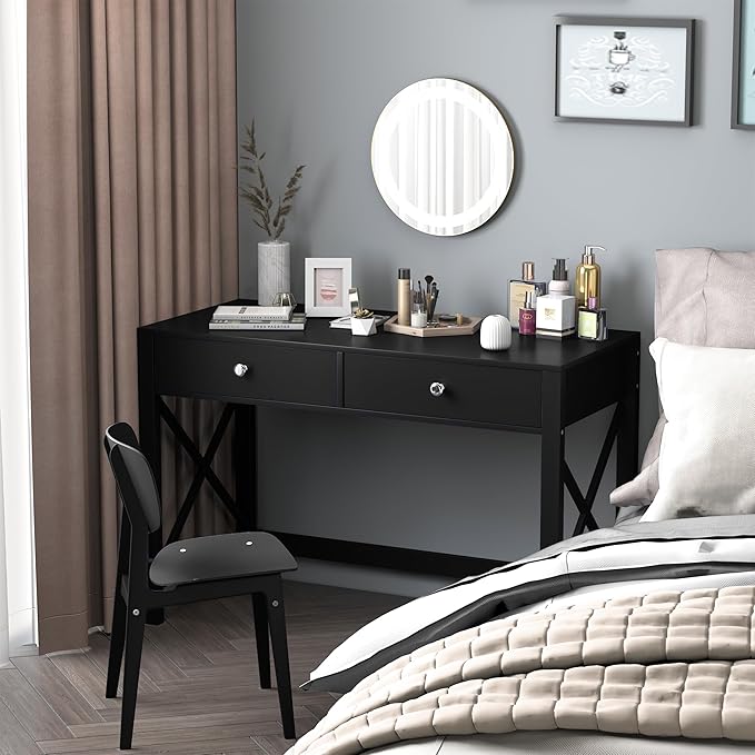 WiberWi Home Office Desk with Drawers, Black Modern Writing Computer Desk, Small Makeup Vanity Table for Bedroom, Study Table for Home Office