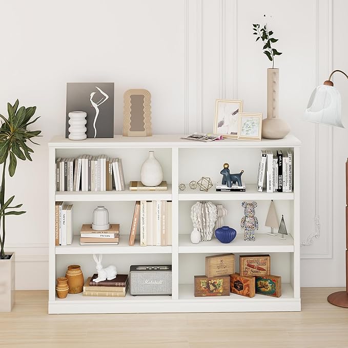 blini Low Horizontal Bookshelf White Bookcase Double Wide 64" 3-Tier Book Shelf 6 Cube Storage Organizer Wooden Bookcases for Bedroom and Home Office Decor Display