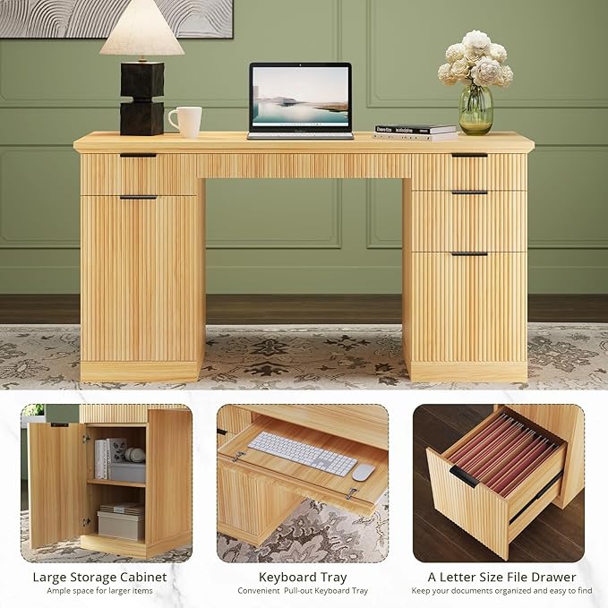 FURSUN 58" Executive Desk with Charging Station & File Drawer, Modern Fluted Home Office Desk with 5 Drawers & Keyboard Tray, Large Computer Writing Desk, Natural Oak