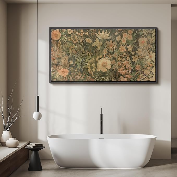 SIGNFORD Extra Large Framed Canvas Botanical Garden in Muted Earth Tones Vintage Floral Illustrations Modern Art Calm Warm for Living Room, Bedroom, Office - 60"x30"