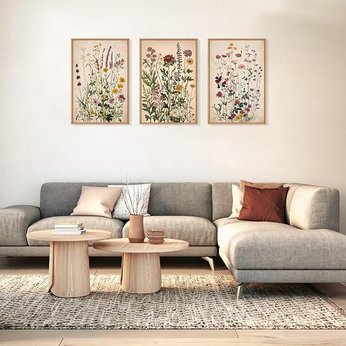 Vintage Wildflower Watercolor Framed Canvas Wall Art Set, Retro Flower Botanical Wall Decor, Colorful Floral Wall Painting, Flower Illustration Art Prints for Living Room, Bedroom 16"x24"x3
