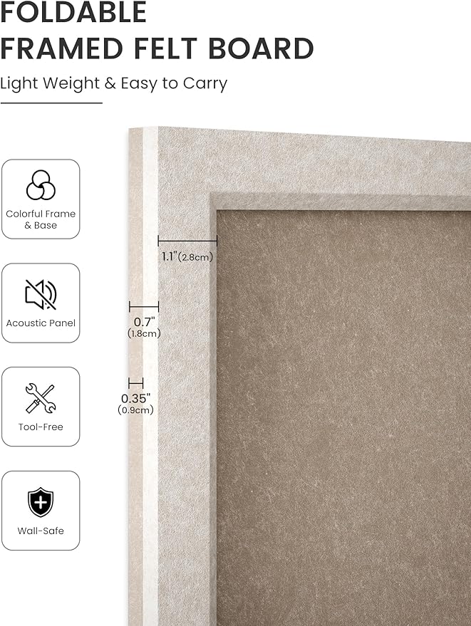 Fluxynara Foldable Cork Board Alternative, Felt Bulletin Board 36" x 24" Oatmeal Frame with 24 Adhesive Tabs, Pin Board for Home Office, Classroom, Entryway, Kitchen Wall Decor—Deep Camel